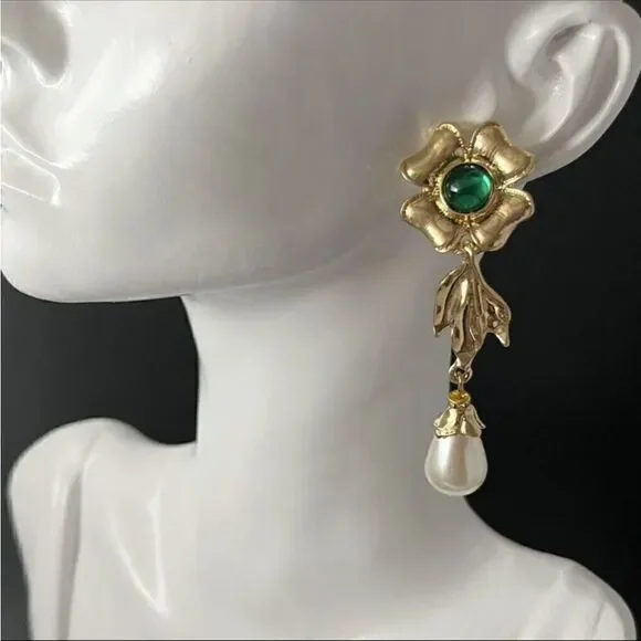 Gold flower dangle earrings N175 - Picture 2 of 7